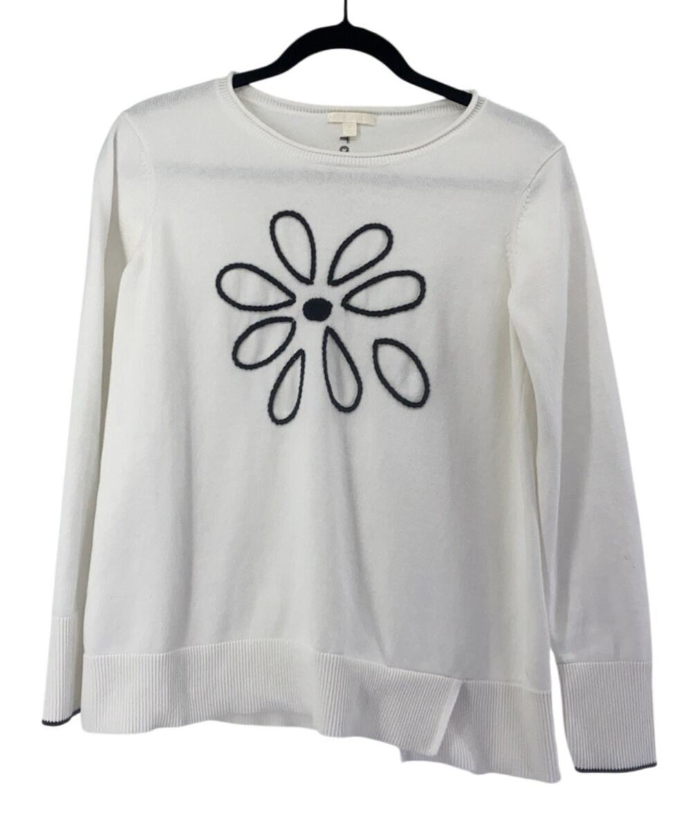 Lisa Todd Love White 100% Cotton Sweater Daisy Design Size Medium